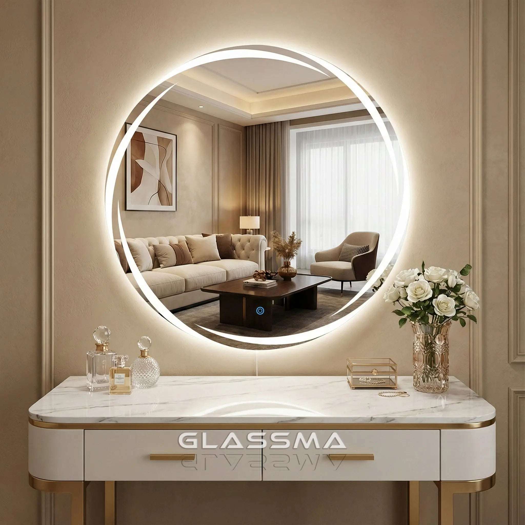 Round LED Bathroom Mirror | Frameless Dimmable Vanity Led Mirror with Frosted Whirlwind Design Glassma